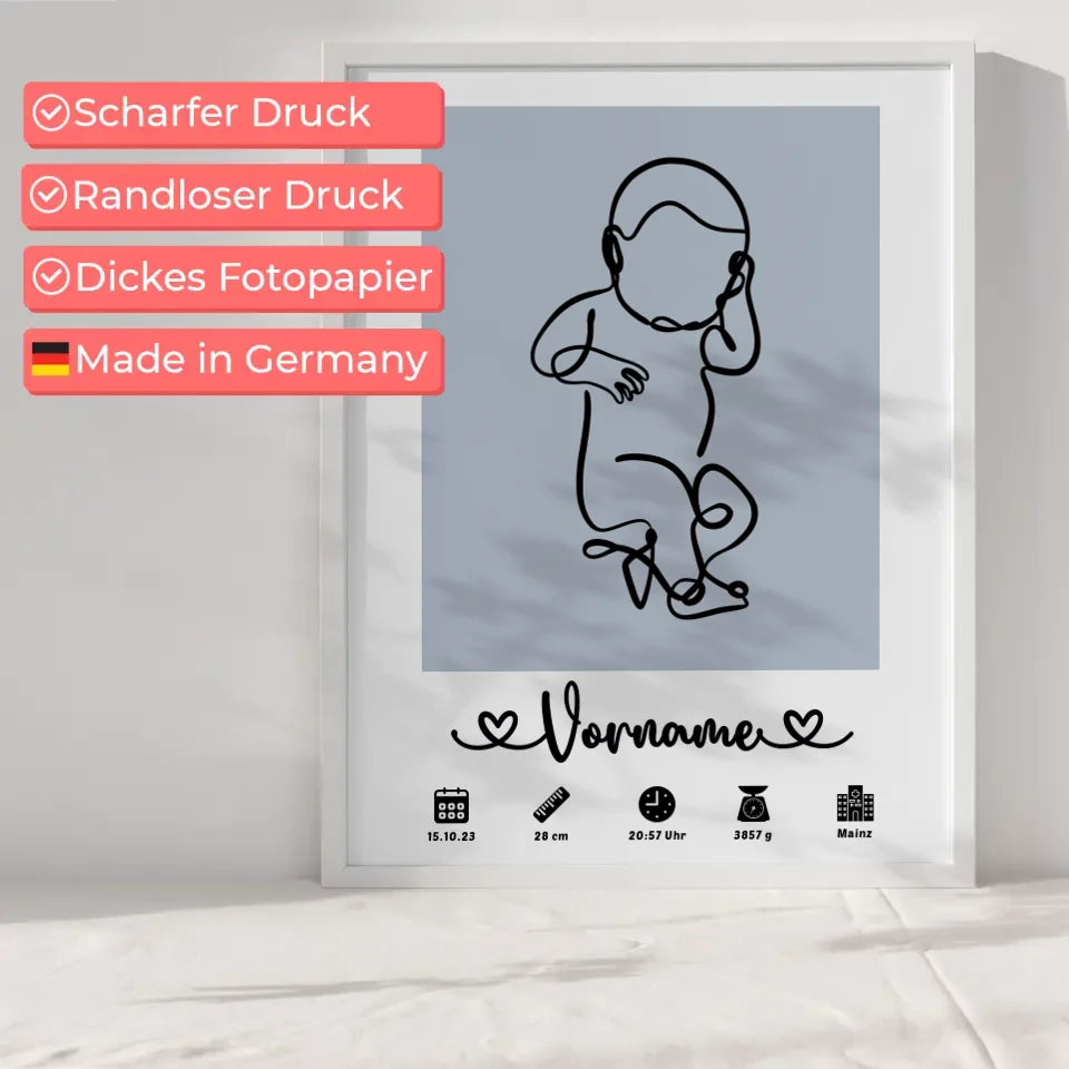 Personalisiertes Poster Geburt mit Geburtsdaten Baby Lineart Azurblau