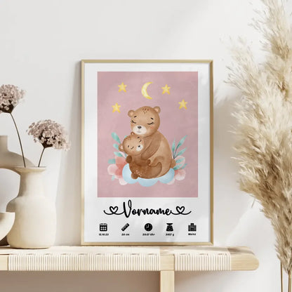 Personalisiertes Poster Geburt Bären Mama Altrosa für Kinderzimmer