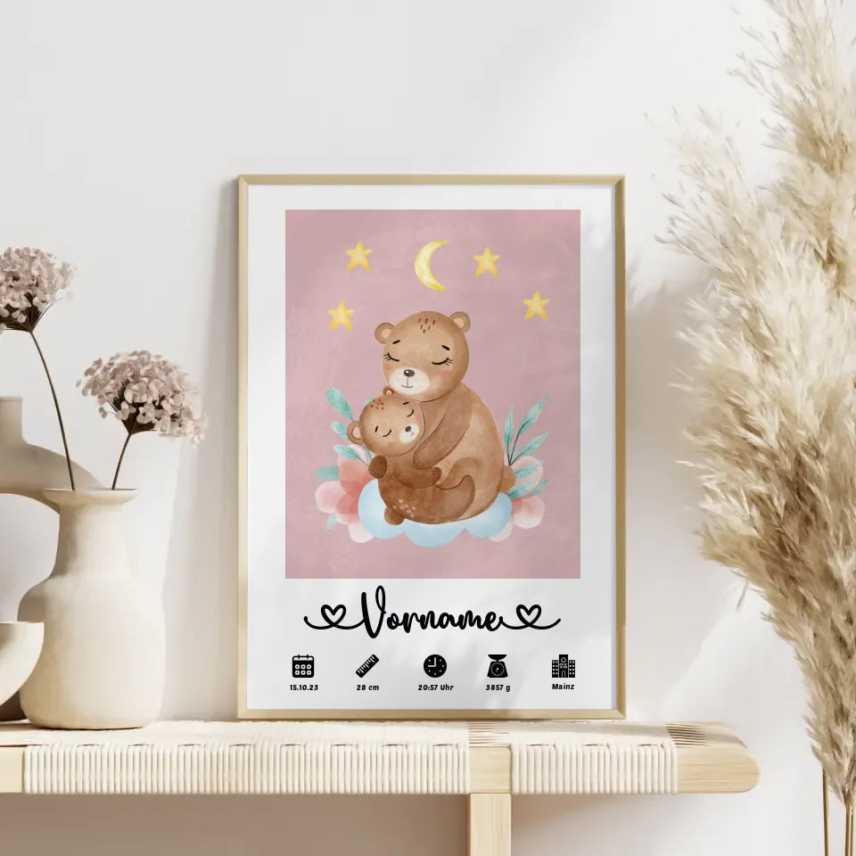 Personalisiertes Poster Geburt Bären Mama Altrosa für Kinderzimmer 4