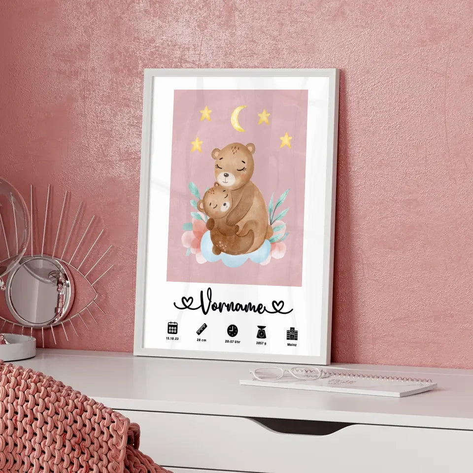 Personalisiertes Poster Geburt Bären Mama Altrosa für Kinderzimmer 5