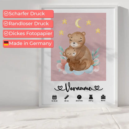 Personalisiertes Poster Geburt Bären Mama Altrosa für Kinderzimmer