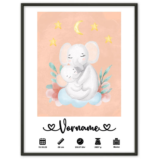 Personalisiertes Geburtsposter mit Geburtsdaten Elefanten Mama Beigerot 1