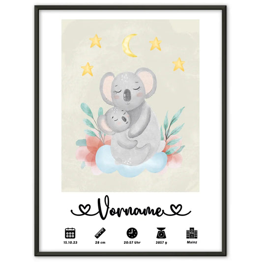 Personalisiertes Poster Geburt Koala Mama Cremeweiß mit Geburtsdaten