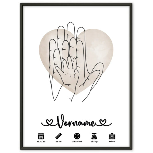 Personalisierte Poster Geburt Wasserfarben Herz Hände Lineart Kinderzimmer 1
