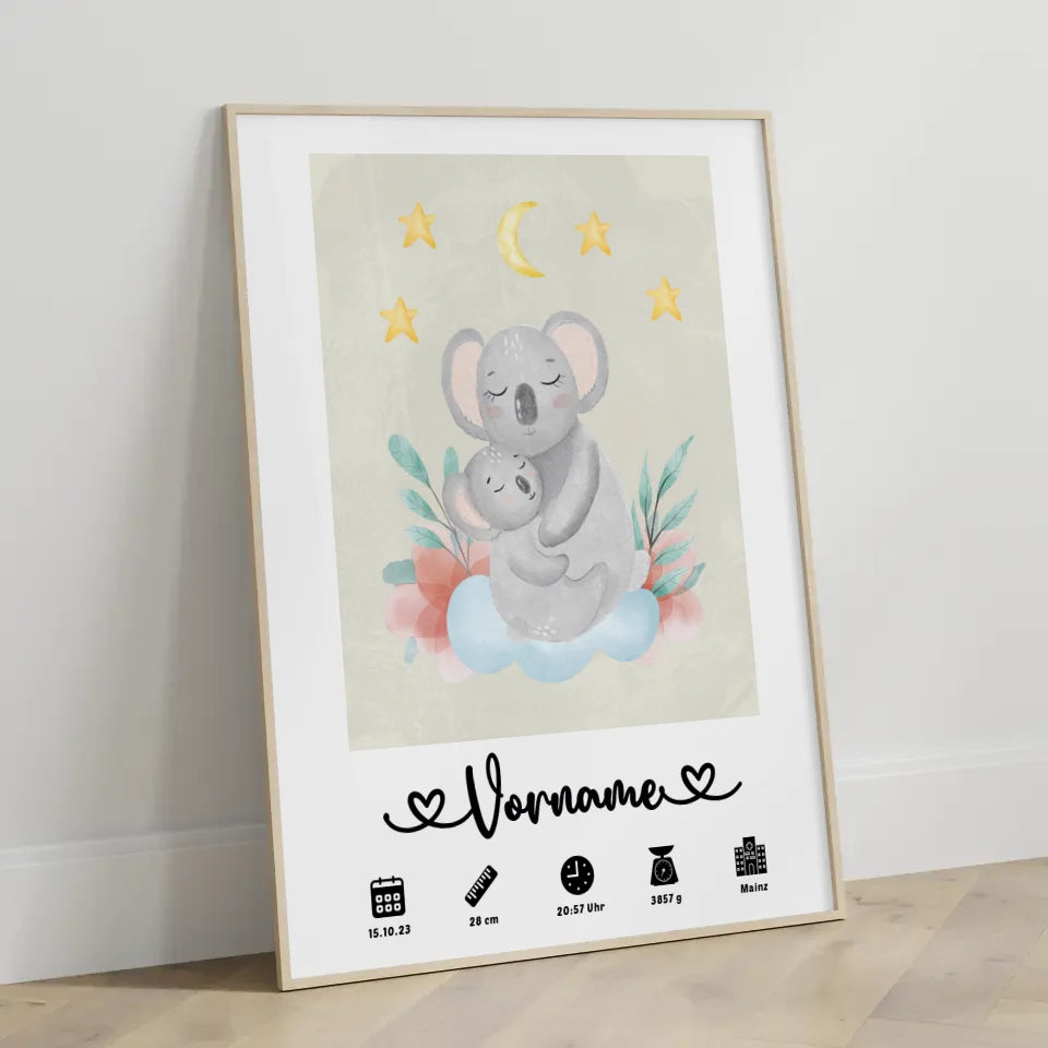 Personalisiertes Poster Geburt Koala Mama Cremeweiß mit Geburtsdaten