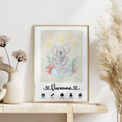 Personalisiertes Poster Geburt Koala Mama Cremeweiß mit Geburtsdaten