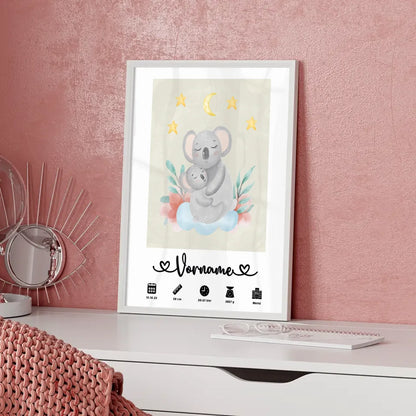 Personalisiertes Poster Geburt Koala Mama Cremeweiß mit Geburtsdaten