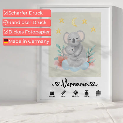 Personalisiertes Poster Geburt Koala Mama Cremeweiß mit Geburtsdaten