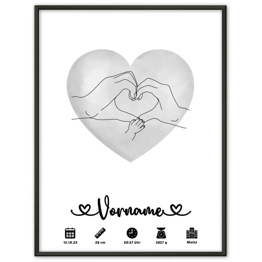 Geburtsposter Personalisiert Geburtsdaten Wasserfarben Herz Grau Hände Lineart 1