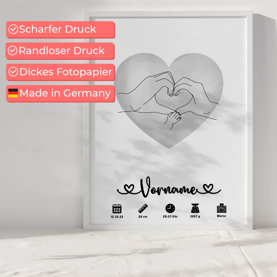 Geburtsposter Personalisiert Geburtsdaten Wasserfarben Herz Grau Hände Lineart 6