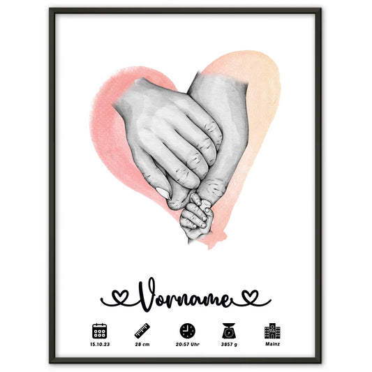 Geburtsposter Personalisiert mit Geburtsdaten Wasserfarben Rot Hände 1