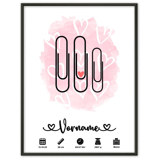 Geburtsposter Personalisiert mit Name Herzchen Rosa für Kinderzimmer Klammern 1