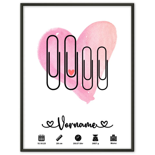 Personalisiertes Poster Geburt Watercolor Herz Lila Rot mit Name Klammern 1