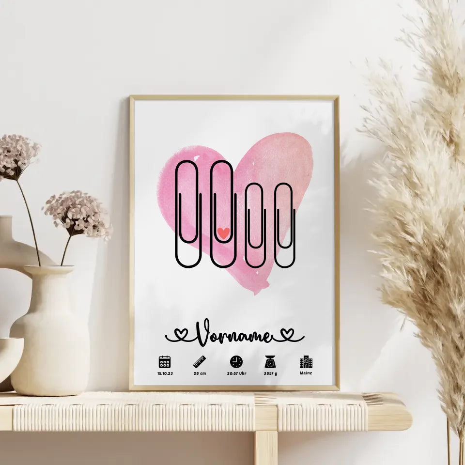 Personalisiertes Poster Geburt Watercolor Herz Lila Rot mit Name Klammern 4