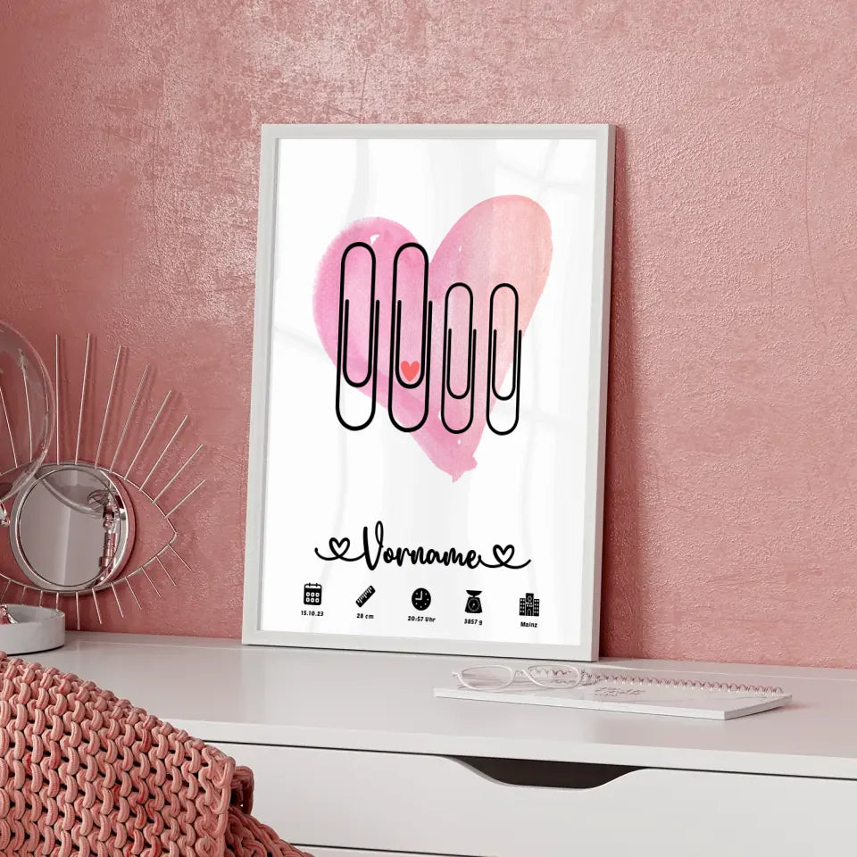 Personalisiertes Poster Geburt Watercolor Herz Lila Rot mit Name Klammern 5