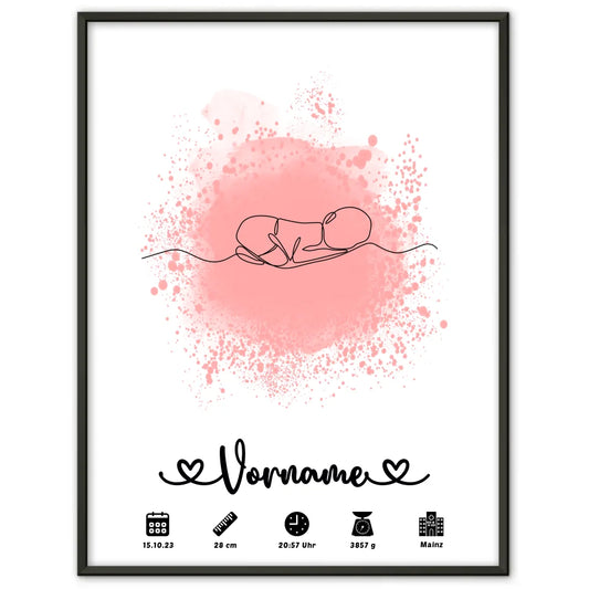 Geburtsposter Personalisiert mit Geburtsdaten Farbspitzer Rosa Baby Lineart 1