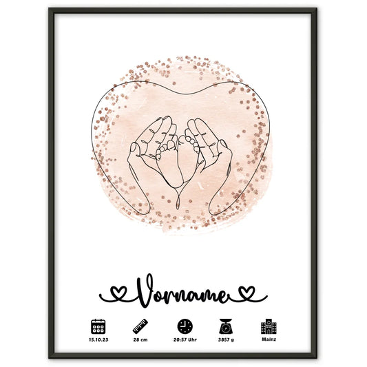 Personalisierte Poster Geburt Farbkreis Rose Babyfüße Lineart mit Name 1