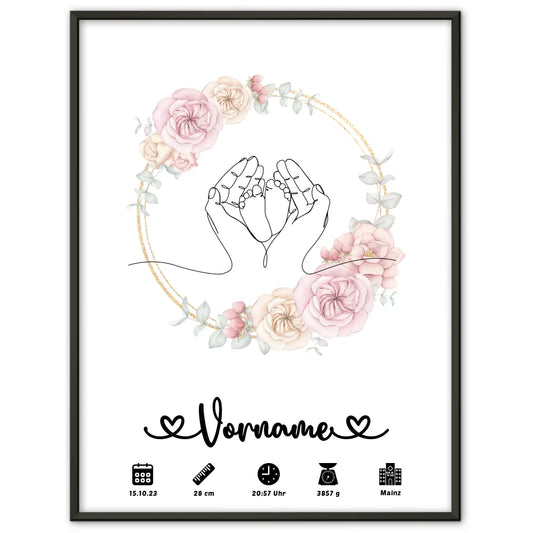 Personalisiertes Geburtsposter mit Geburtsdaten Floral Kreis Babyfüße Lineart 1