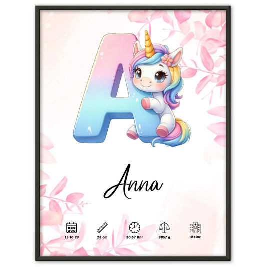 Personalisierte Poster Buchstabe A Rosa Floral für Geburt und Dekoration 1