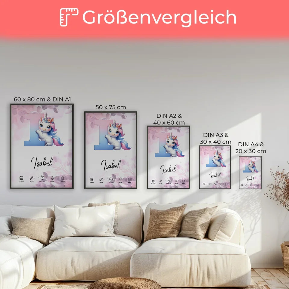 Personalisierte Poster Buchstabe I Pink Rosa Floral Geburt A-Z