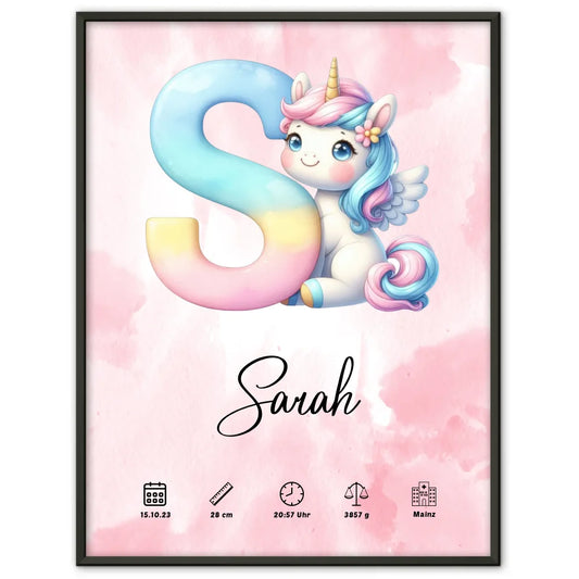 Personalisierte Poster Buchstabe S Rosa Aquarell Buchstaben A-Z Geburt 1