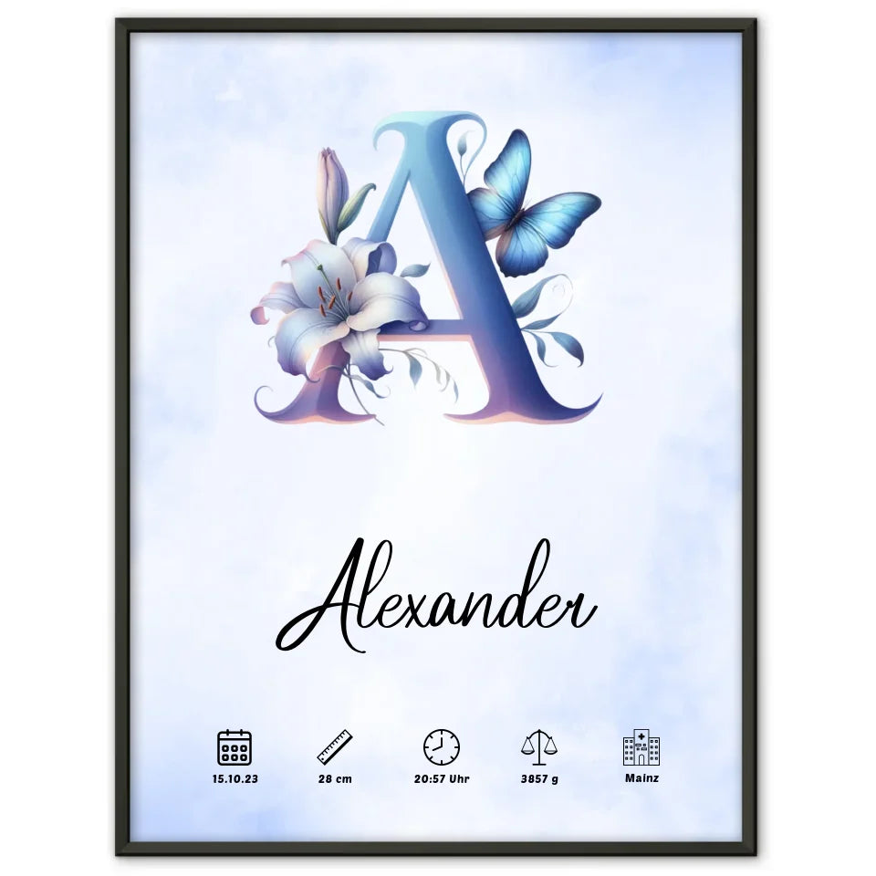 Personalisierte Poster Buchstaben A Wasserfarben Stil Hellblau Geburt 1