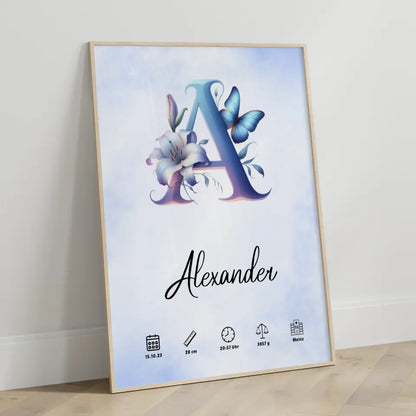Personalisierte Poster Buchstaben A Wasserfarben Stil Hellblau Geburt 3