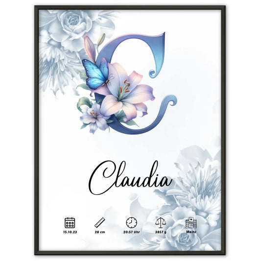 Personalisiertes Poster mit Anfangsbuchstaben C Blüten Blau Geburt Geschenk 1