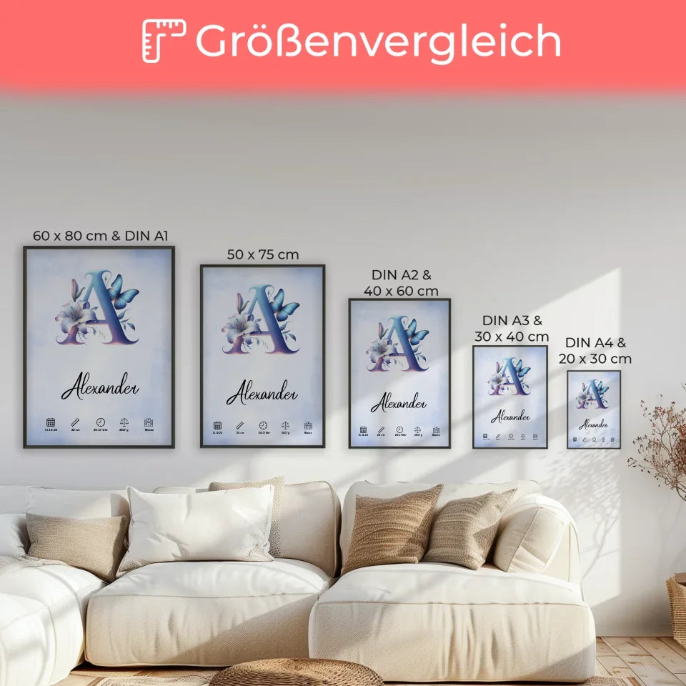 Personalisierte Poster Buchstaben A Wasserfarben Stil Hellblau Geburt