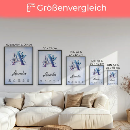 Personalisierte Poster Buchstaben A Wasserfarben Stil Hellblau Geburt 7