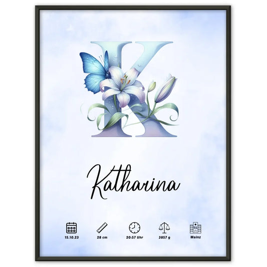 Personalisiertes Poster Buchstaben K Wasserfarben Stil Hellblau Geburt 1