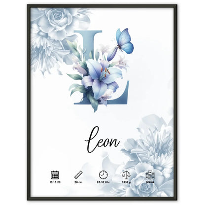 Poster Buchstabe L mit Anfangsbuchstaben und Blüten Blau für Geburt