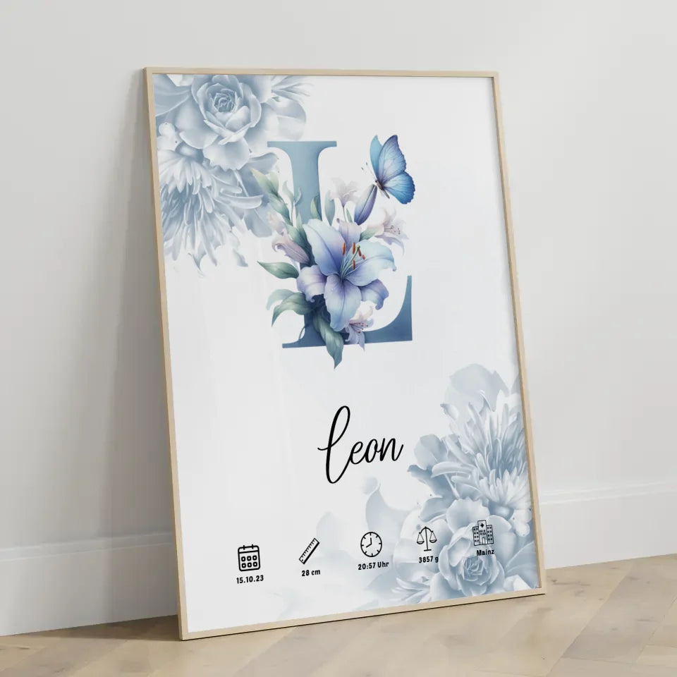 Poster Buchstabe L mit Anfangsbuchstaben und Blüten Blau für Geburt