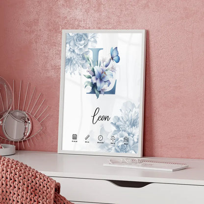 Poster Buchstabe L mit Anfangsbuchstaben und Blüten Blau für Geburt