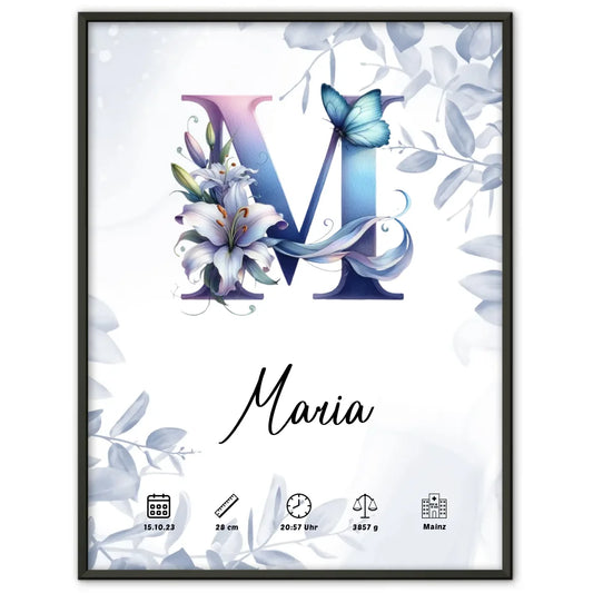 Personalisierte Poster Anfangsbuchstaben Buchstabe M Eucalyptus Blau 1