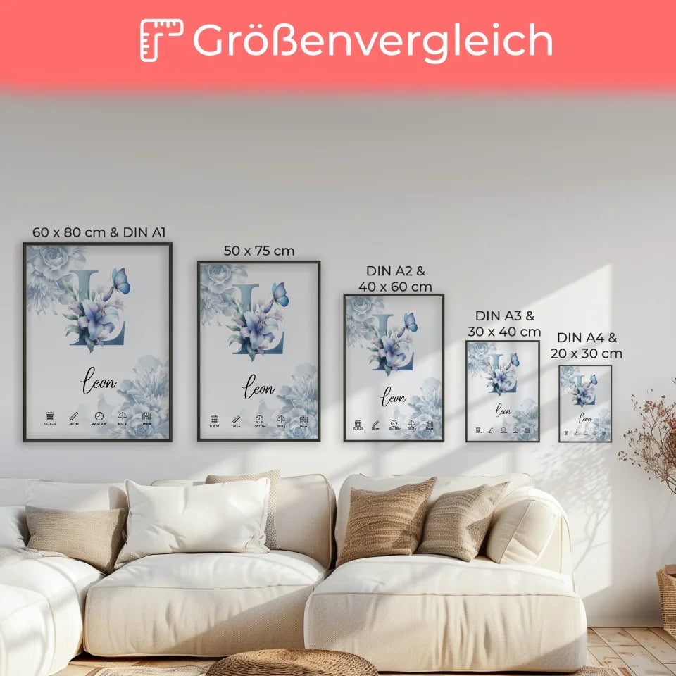 Poster Buchstabe L mit Anfangsbuchstaben und Blüten Blau für Geburt