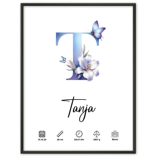 Personalisiertes Buchstaben Poster mit Buchstabe T für Geburt A bis Z 1
