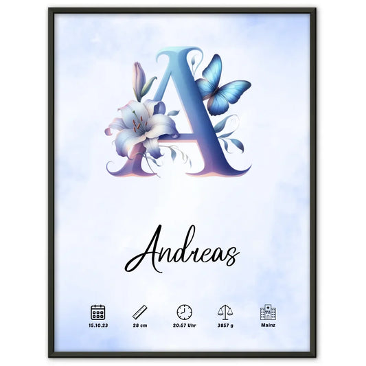 Personalisierte Geburtsposter Buchstaben A Wasserfarben Stil Hellblau 1