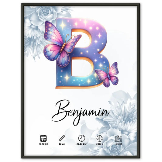 Personalisierte Poster mit Anfangsbuchstaben B und Blüten Blau für Geburt 1