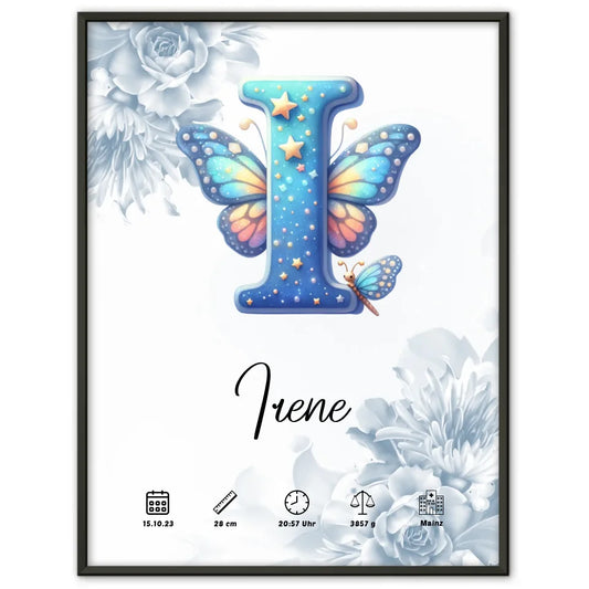 Blüten Blau Poster mit Anfangsbuchstaben I für Geburt personalisiert 1