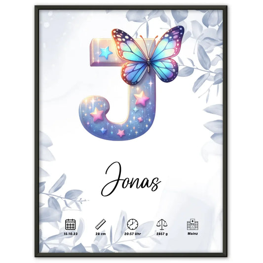 Personalisiertes Buchstaben Poster Buchstabe J Eucalyptus Blau Geburt A-Z 1