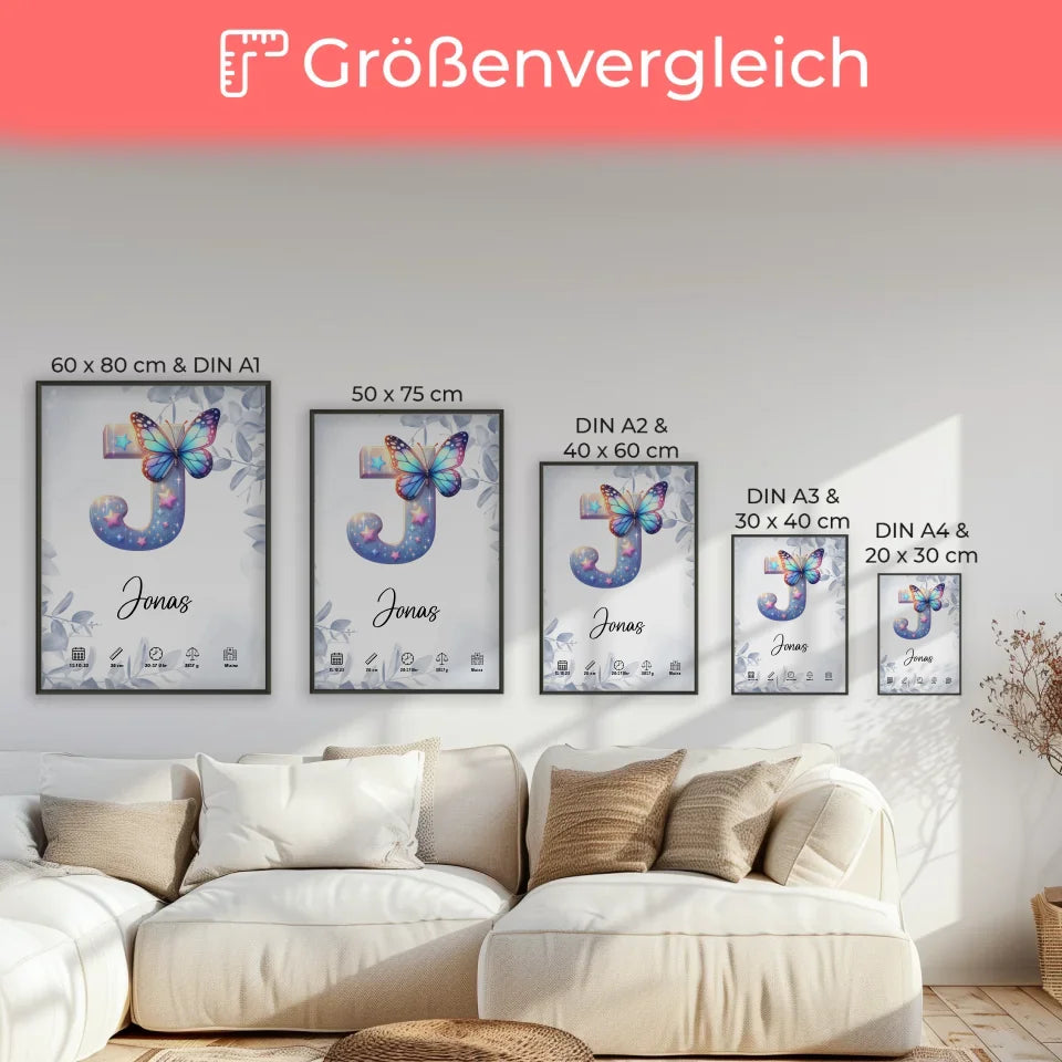 Personalisiertes Buchstaben Poster Buchstabe J Eucalyptus Blau Geburt A-Z