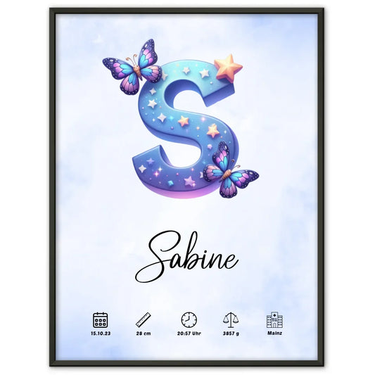 Personalisierte Poster Anfangsbuchstaben Buchstabe S Wasserfarben Stil Hellblau 1