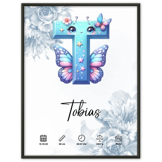 Personalisiertes Buchstaben Poster Buchstabe T Blüten Blau Geburt A-Z 1