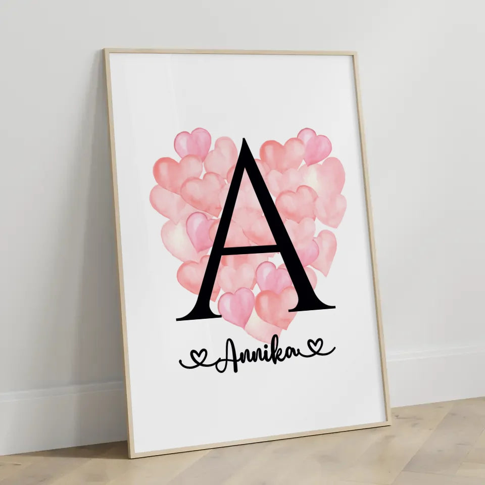 Personalisierte Poster Buchstabe A mit Balloonherzen und Buchstaben A-Z 3