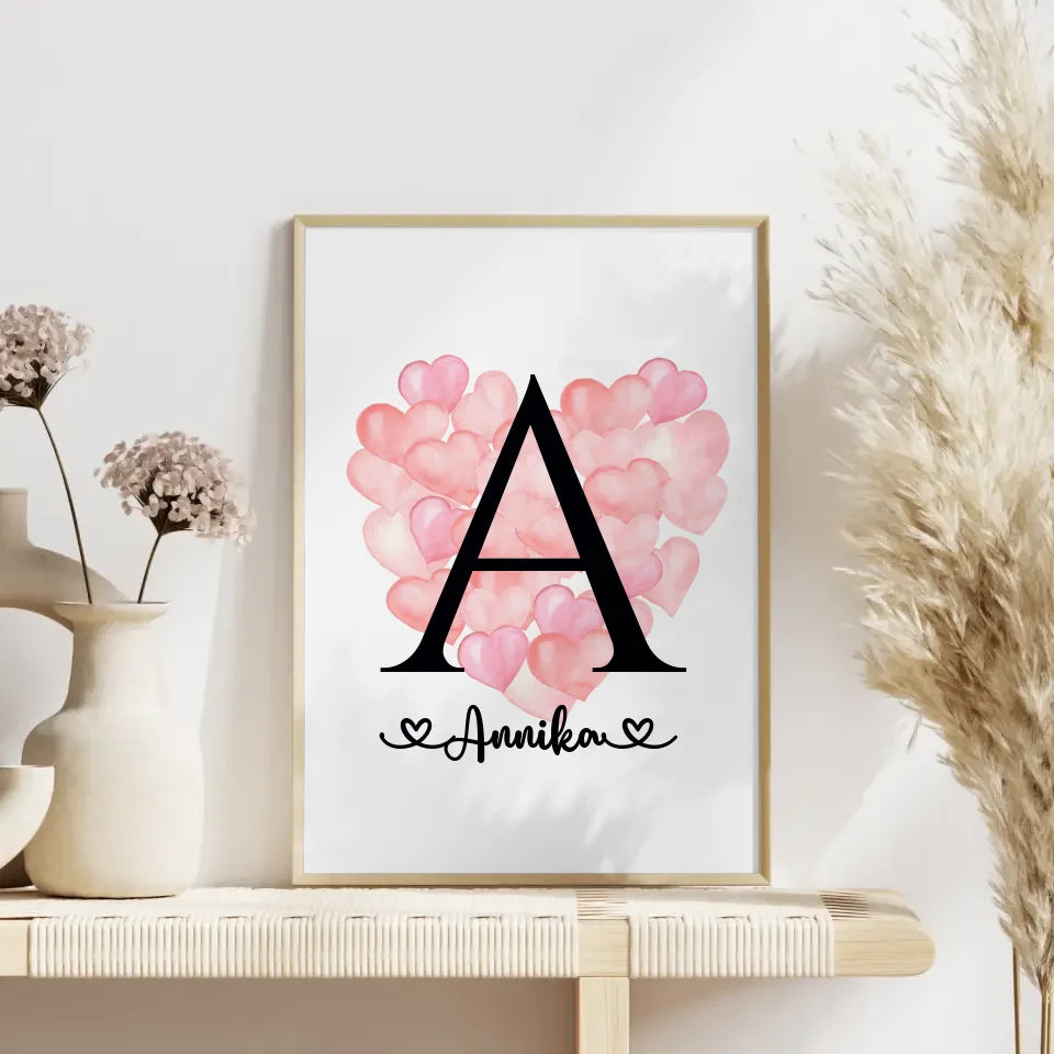 Personalisierte Poster Buchstabe A mit Balloonherzen und Buchstaben A-Z 4