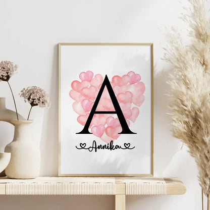 Personalisierte Poster Buchstabe A mit Balloonherzen und Buchstaben A-Z 4