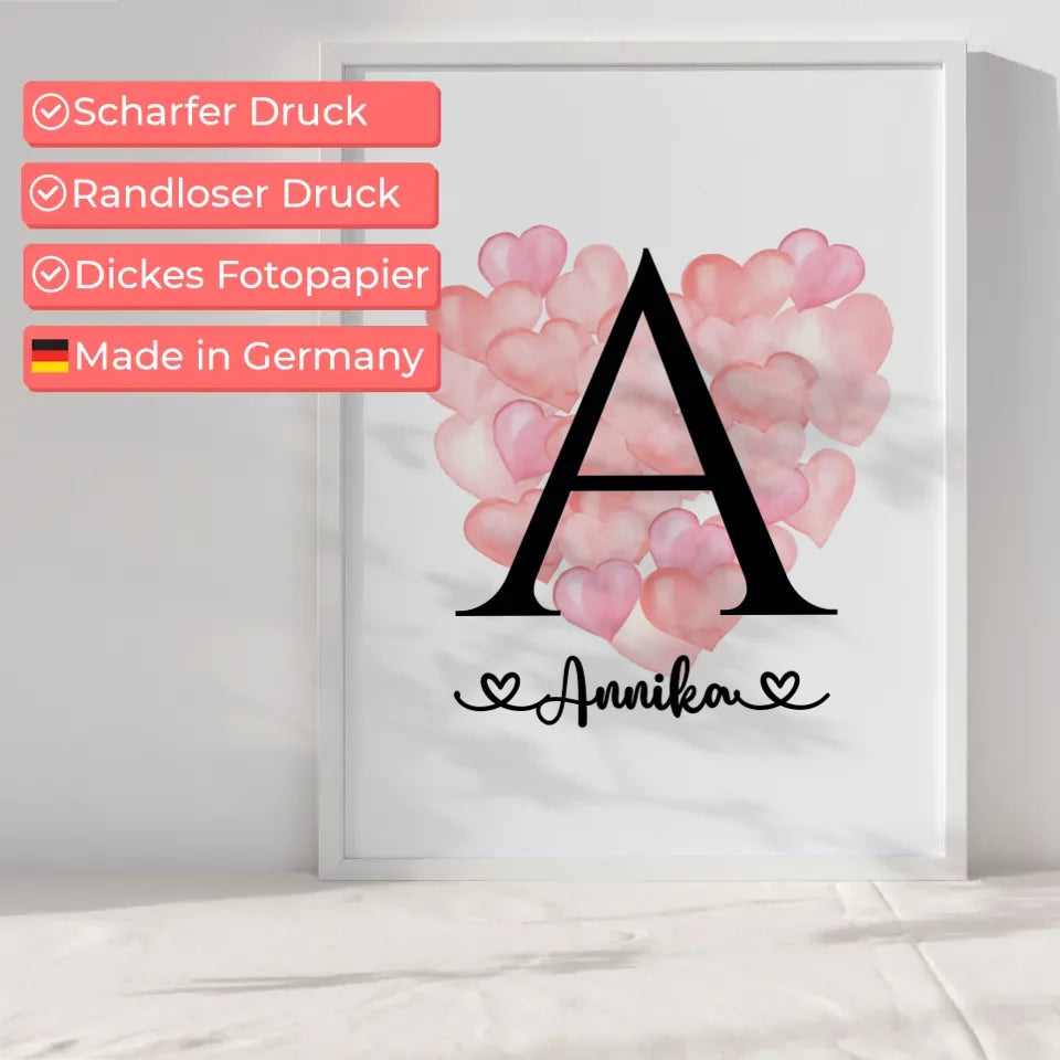 Personalisierte Poster Buchstabe A mit Balloonherzen und Buchstaben A-Z 6