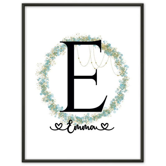 Personalisierte Poster Anfangsbuchstaben E mit Blätter Kranz A-Z 1