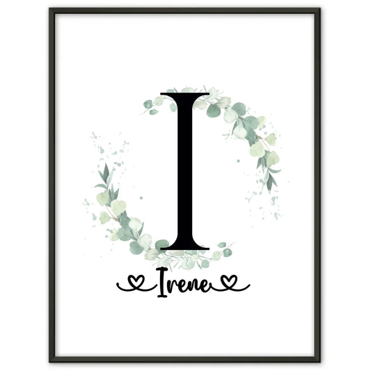Personalisierte Poster Buchstaben I mit Eucalyptus Kranz A-Z Designs 1